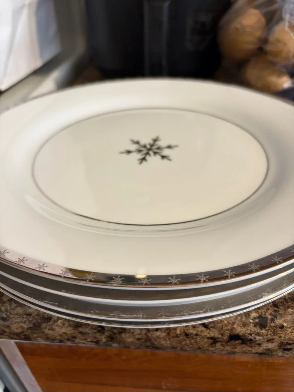 Holiday dinner Plates with Gold Snowflake Accent set of 3